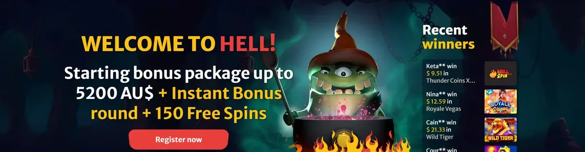 HellSpin welcome package banner: up to 5200 AU$ and 150 free spins