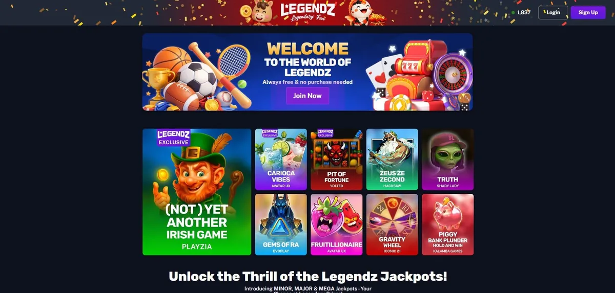 Legendz home page with the welcome banner and the sweepstakes casino lobby