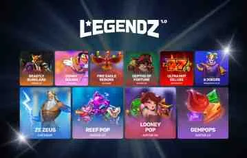Legendz casino slots lobby with Zeus, Reef Pop and Gempops tiles