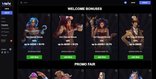 Mirax casino welcome bonuses page with four deposit offers